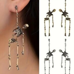 NWT Gold Tone Halloween Holiday Skeleton Pierced Dangle Earrings with …